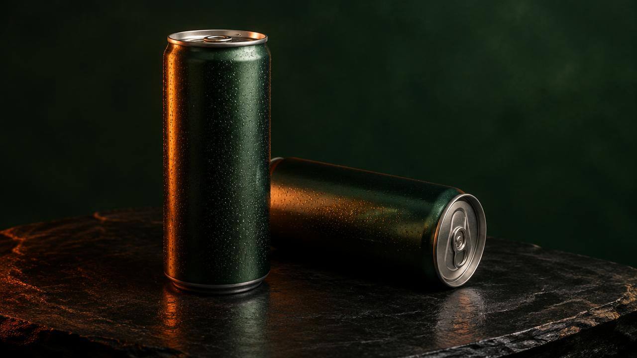 Energy drink cans lined up on a counter
