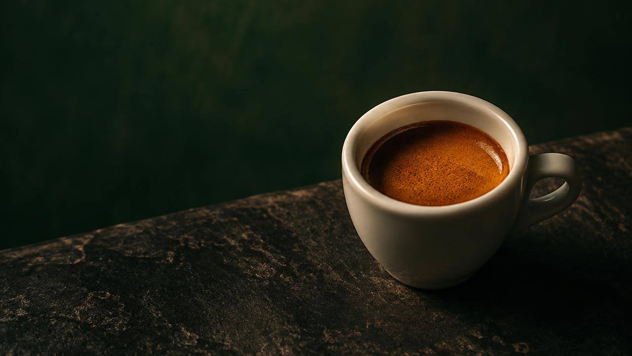 A single espresso shot with crema in a small white cup