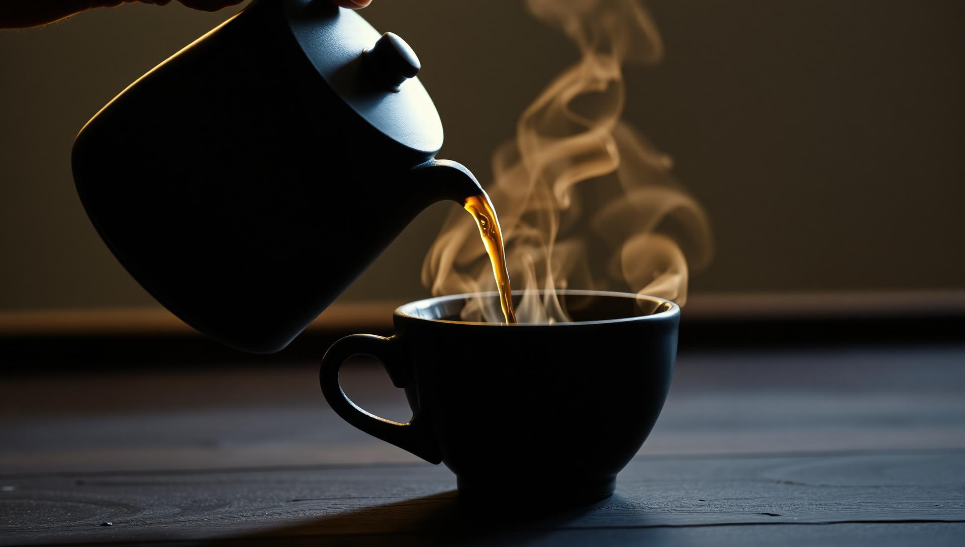 Coffee being poured slowly into a ceramic cup in low early-morning light